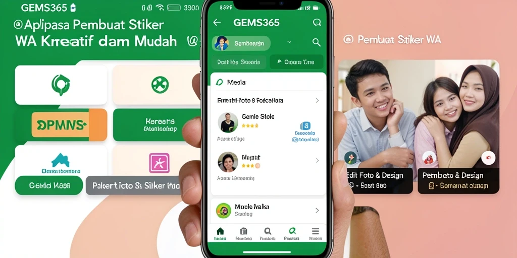 Tampilan antarmuka aplikasi GEMS365 untuk Pembuat Stiker WA.