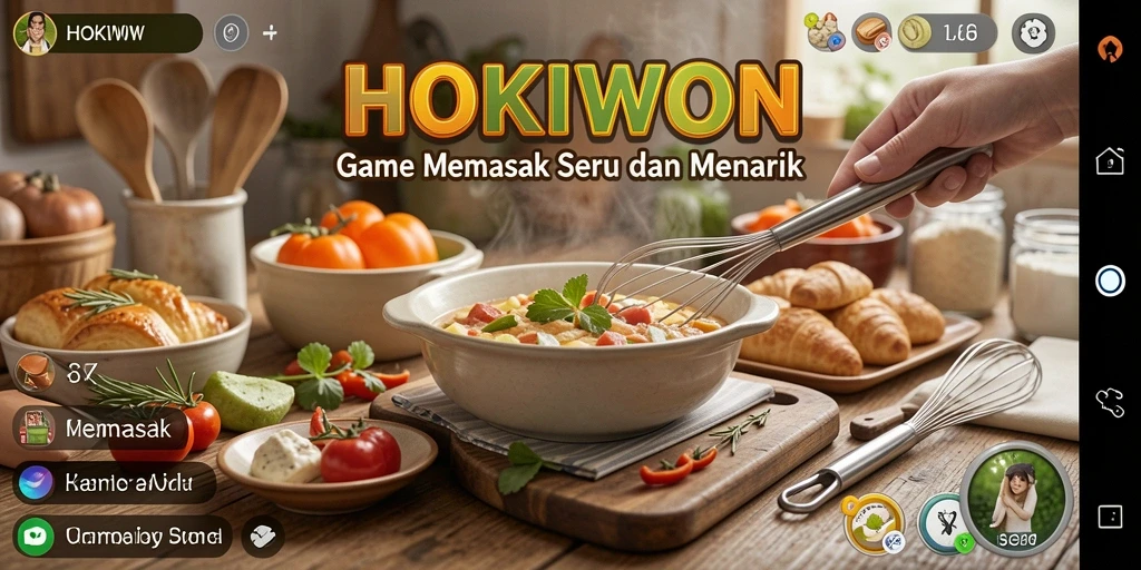 Antarmuka permainan HOKIWON dengan suasana dapur yang menarik.